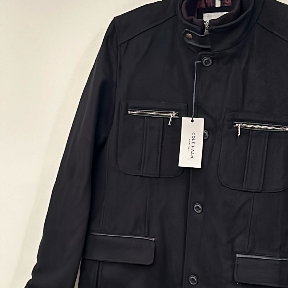 NWT COLE HAAN Men's Melton Jacket / Peacoat in black, sz Medium - Picture 2 of 12